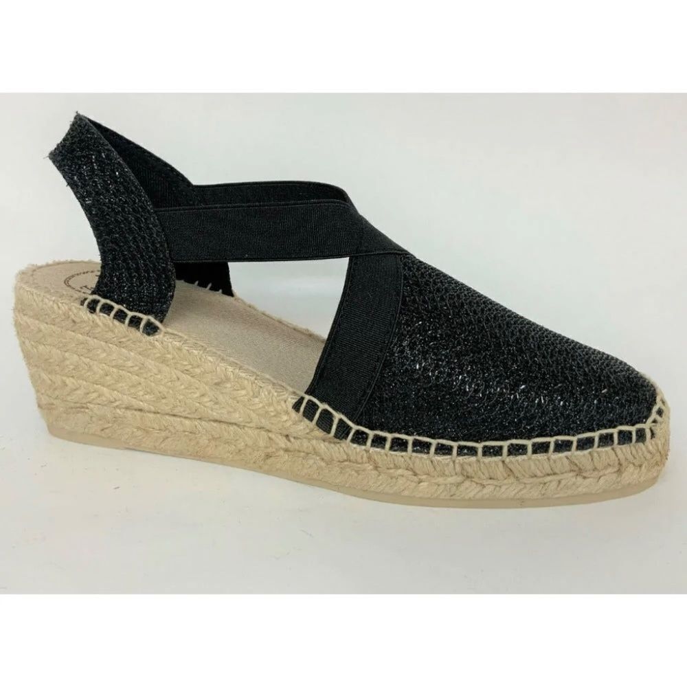 Toni‎ Pons Black  Triton Vegan Sparkly Wedge Espadrilles Sz 39/8